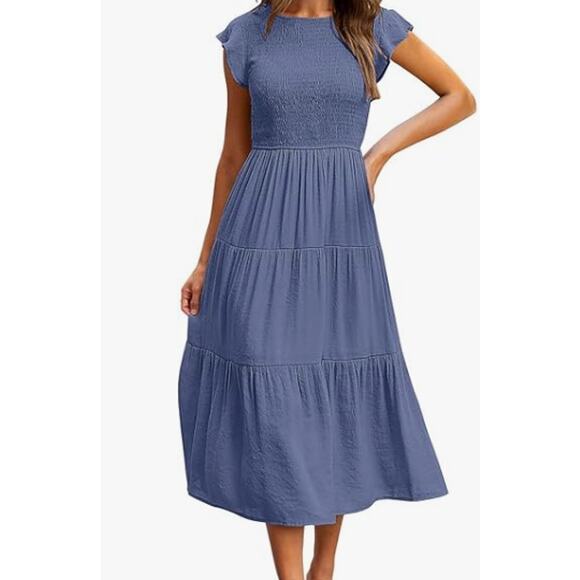 #4NWT Merokeety Medium Blue Midi Dress Smocked Top Flutter Sleeves Size XS - Picture 1 of 3